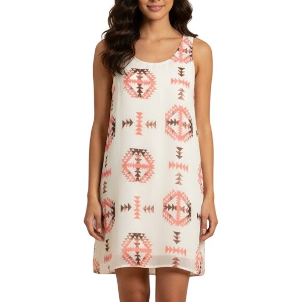 NWT SOULMATES Sand/Coral FREE SPIRIT AZTEC Sleeveless CHIFFON SHEATH DRESS Sz L